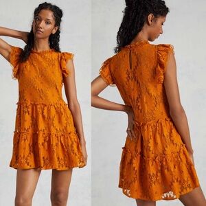 Anthropologie Blue Tassel Floral Lace Tiered Tunic Dress Gold Orange Size Small